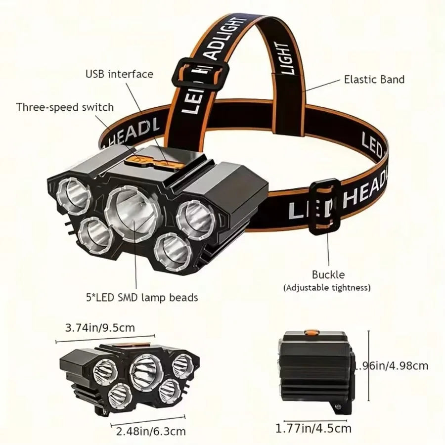 2pcs 5LED Headlight Head Mounted Flashlight