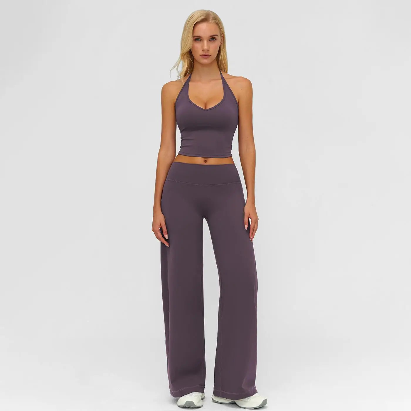 Two Piece Plain Crop Cami Top Flare Leg Pants