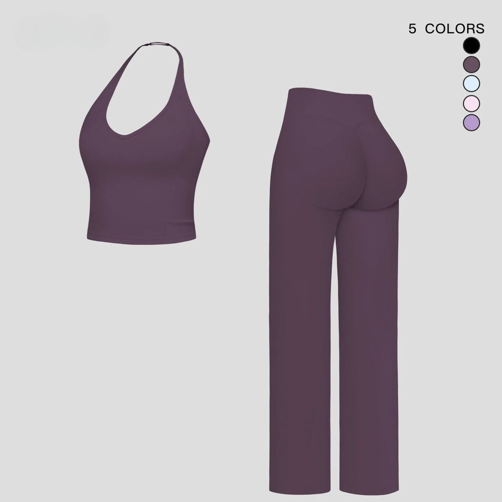 Two Piece Plain Crop Cami Top Flare Leg Pants