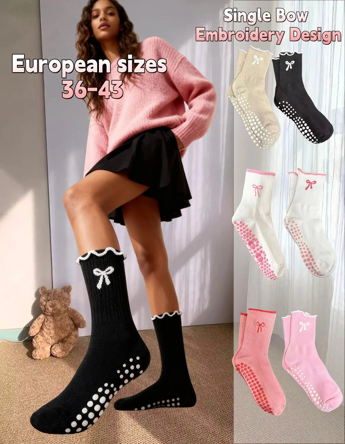 1 Pair of Single Bow Embroidered Socks