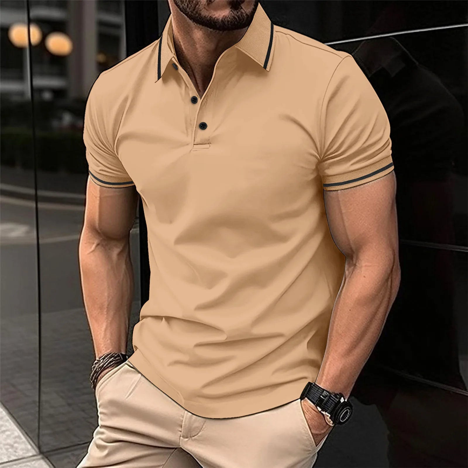 Unbuttoned Ribbed Collar Polo