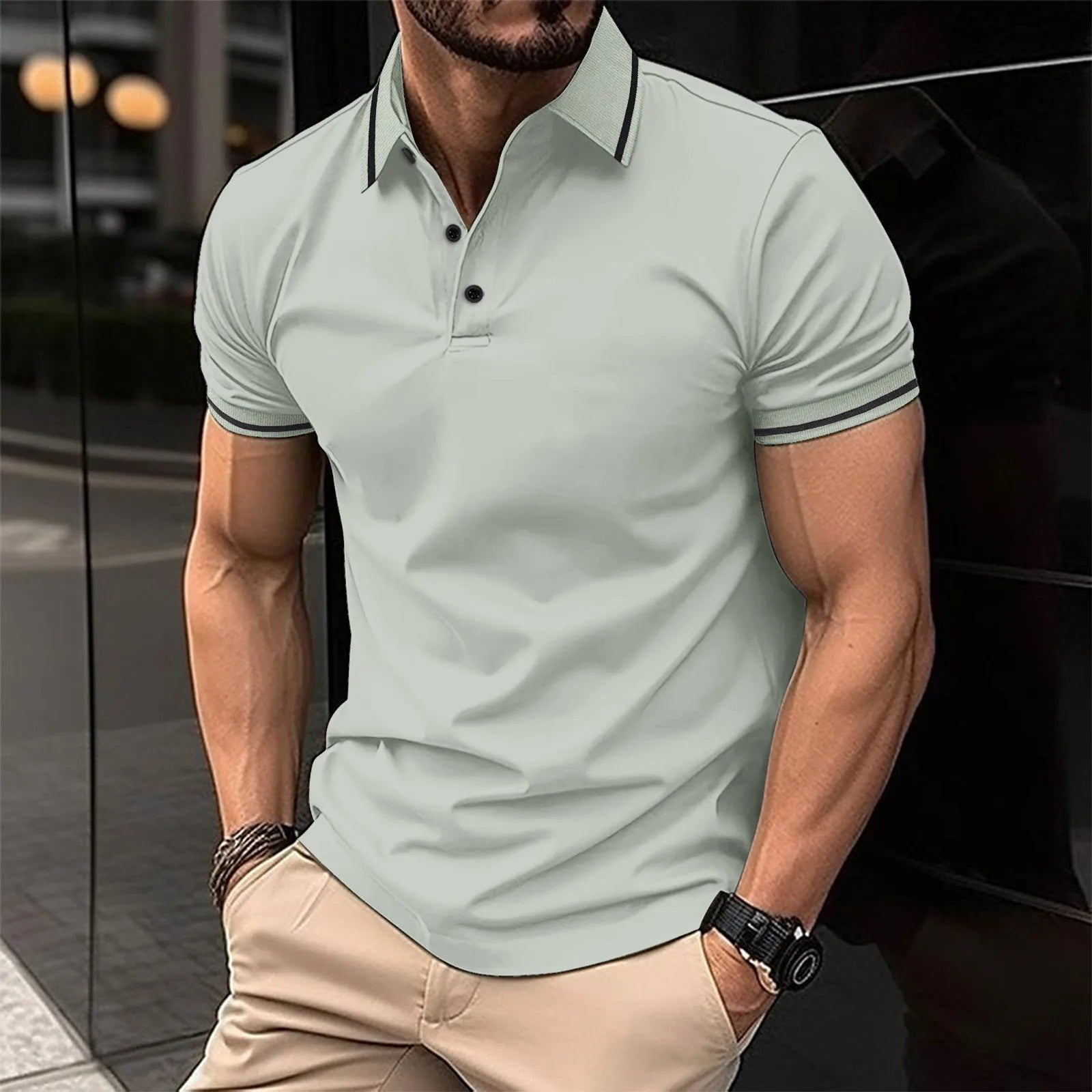 Unbuttoned Ribbed Collar Polo