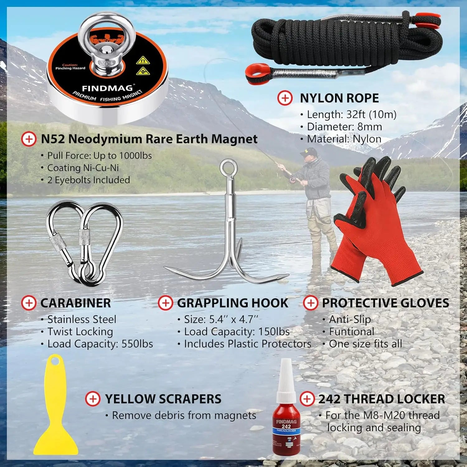1000 LBS Fishing Magnet Kit