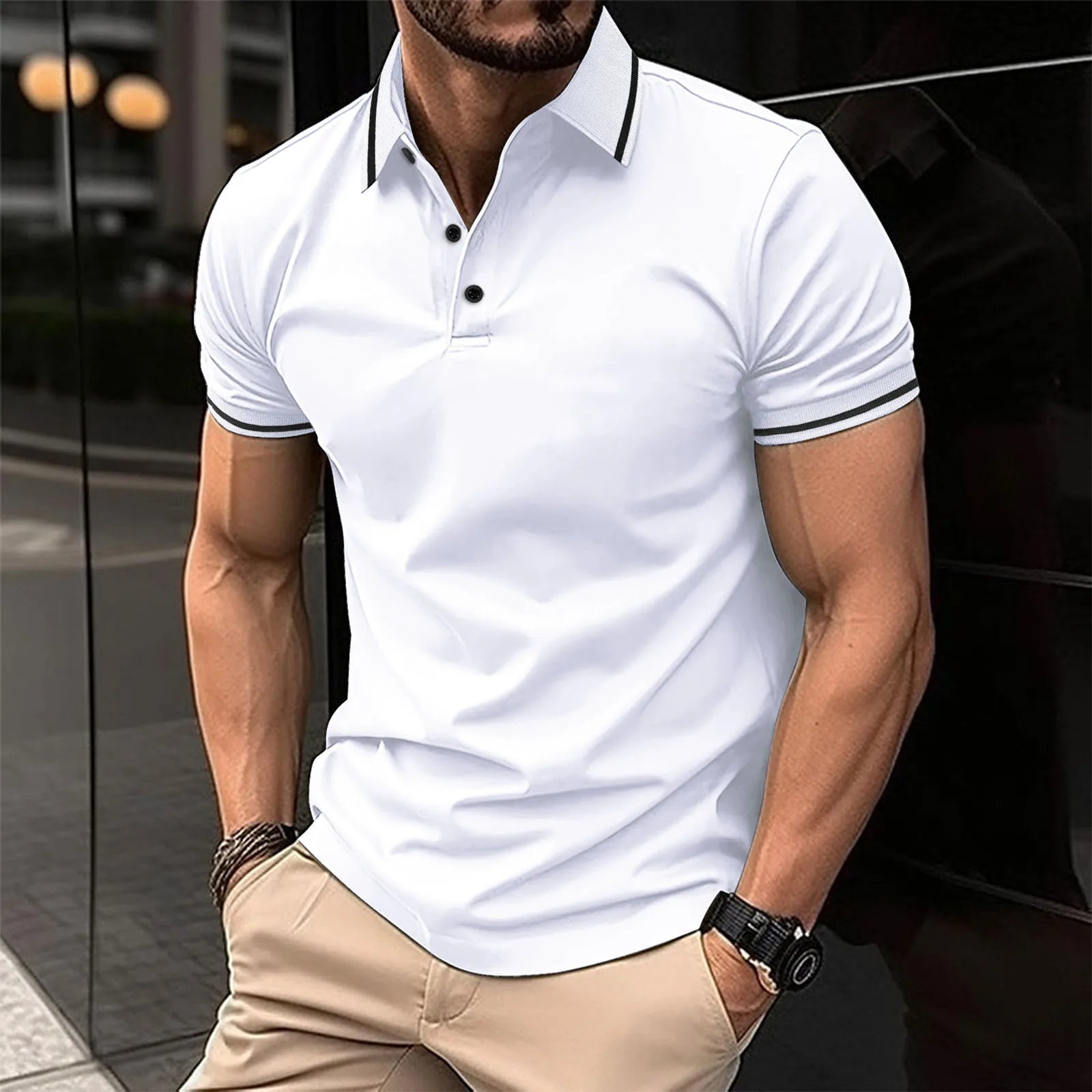 Unbuttoned Ribbed Collar Polo