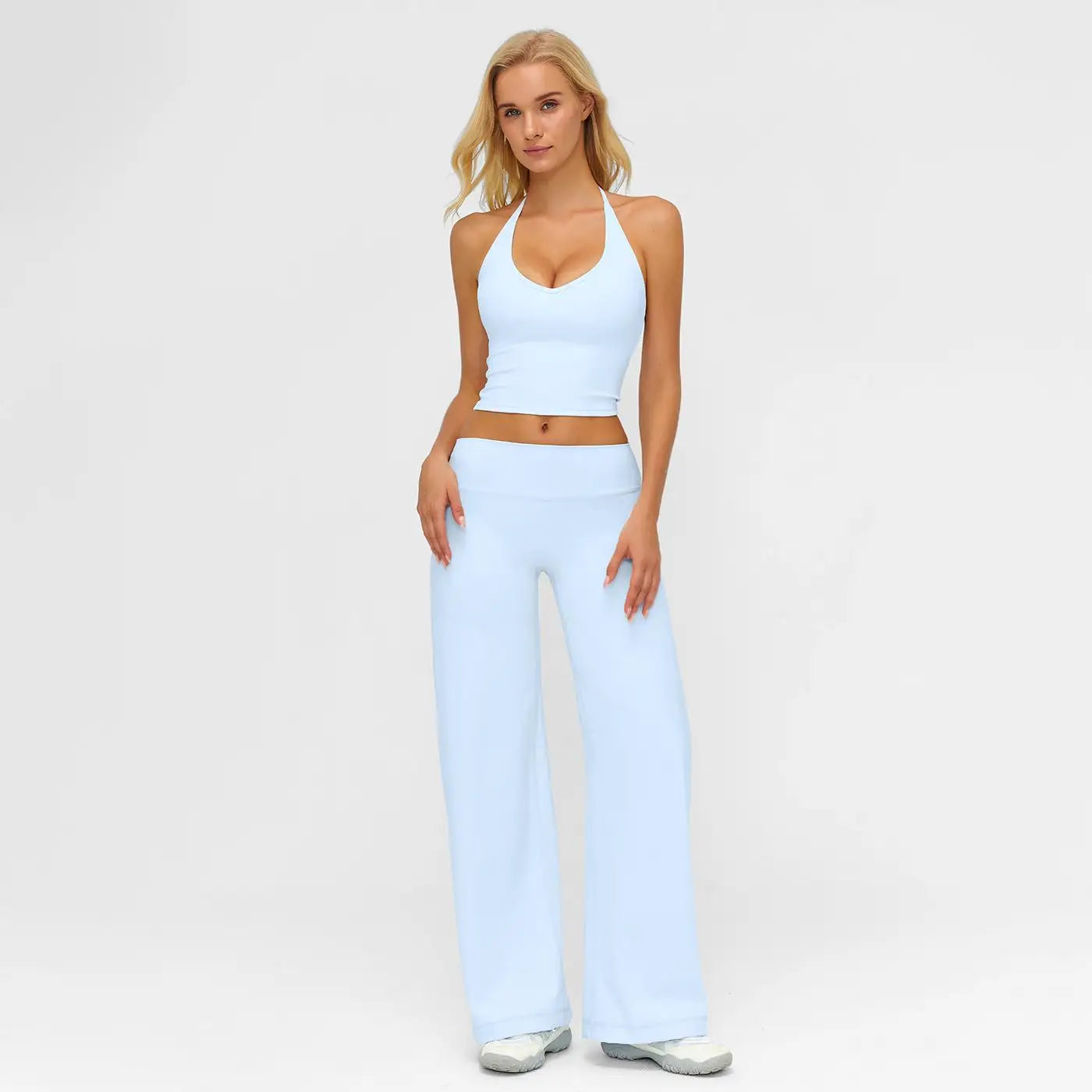 Two Piece Plain Crop Cami Top Flare Leg Pants