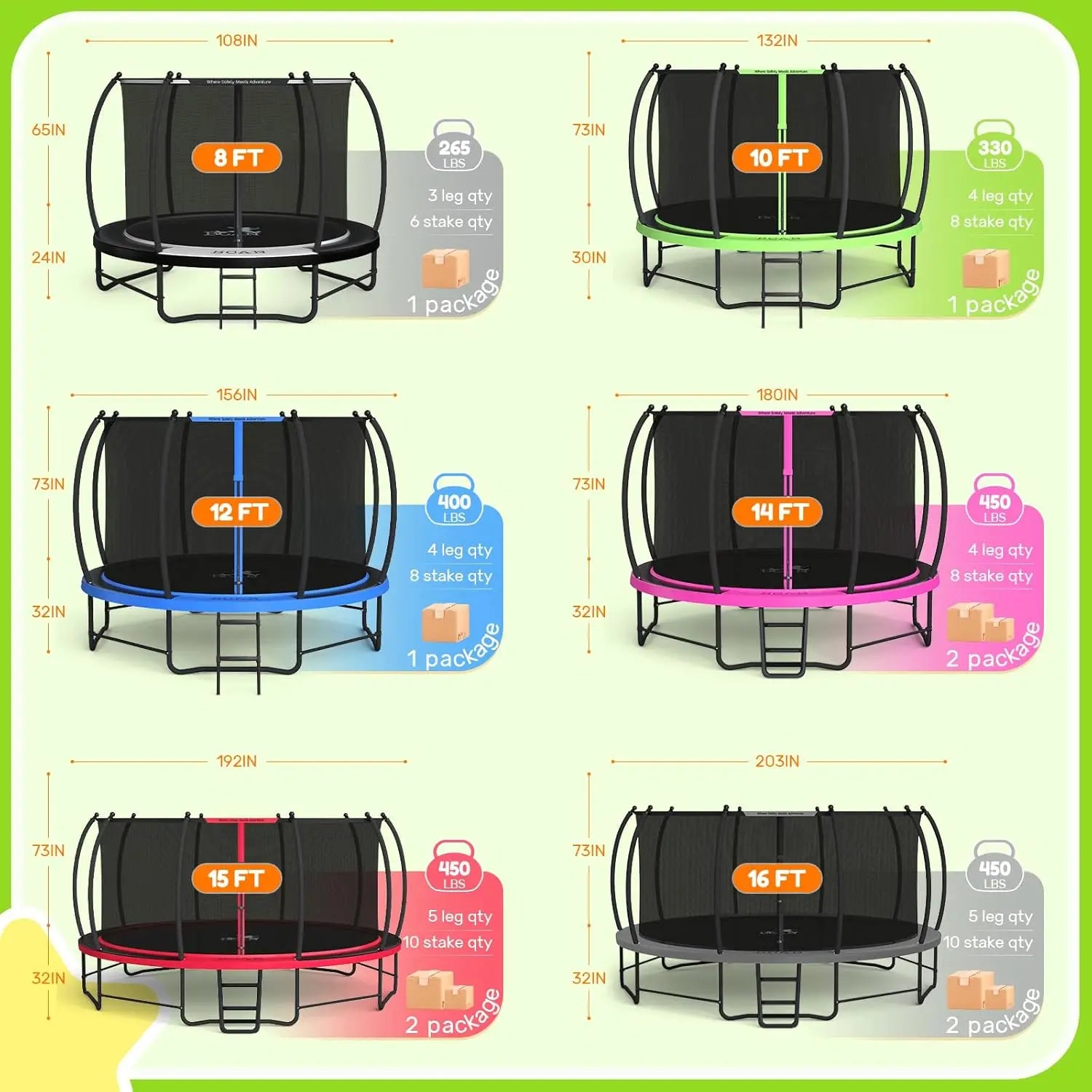 8FT 10FT 12FT 14FT 15FT 16FT Recreational Trampoline