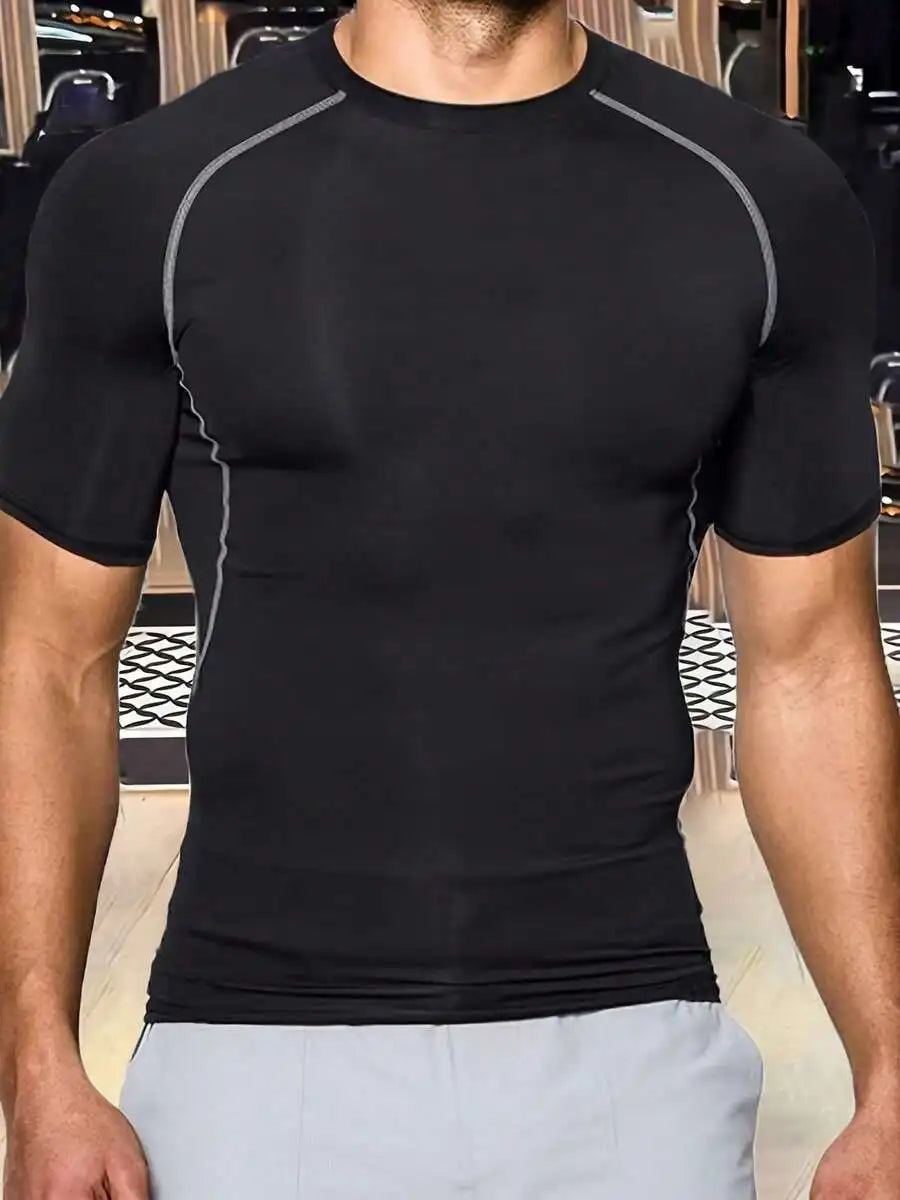 Mens Short Sleeve Compression Sport Shirt Moisture Wicking Running Basketball Soccer Cycling Fitness Black