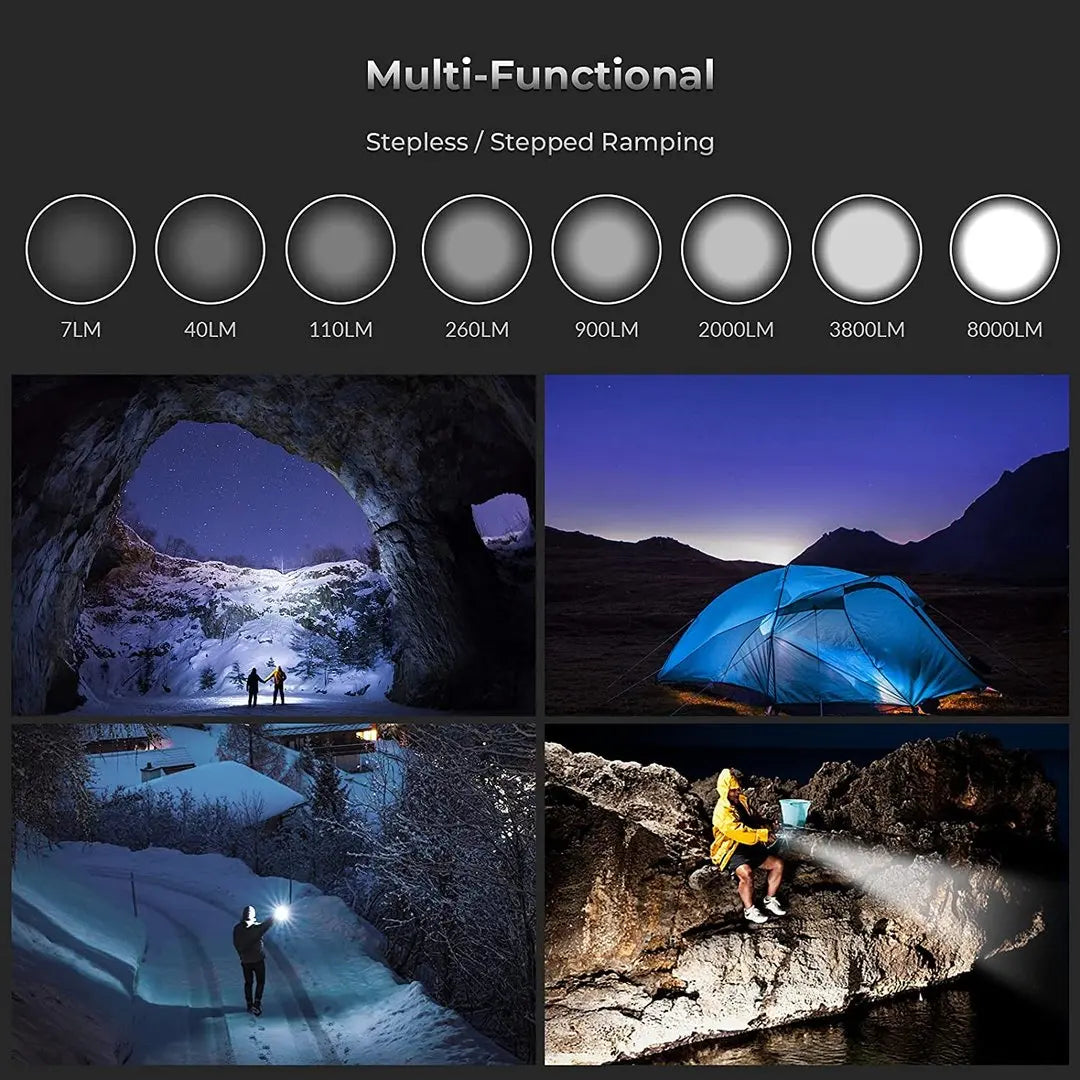 8000lm Powerful LED Flashlight  4*SST40 USB C Rechargeable 18650 Torch