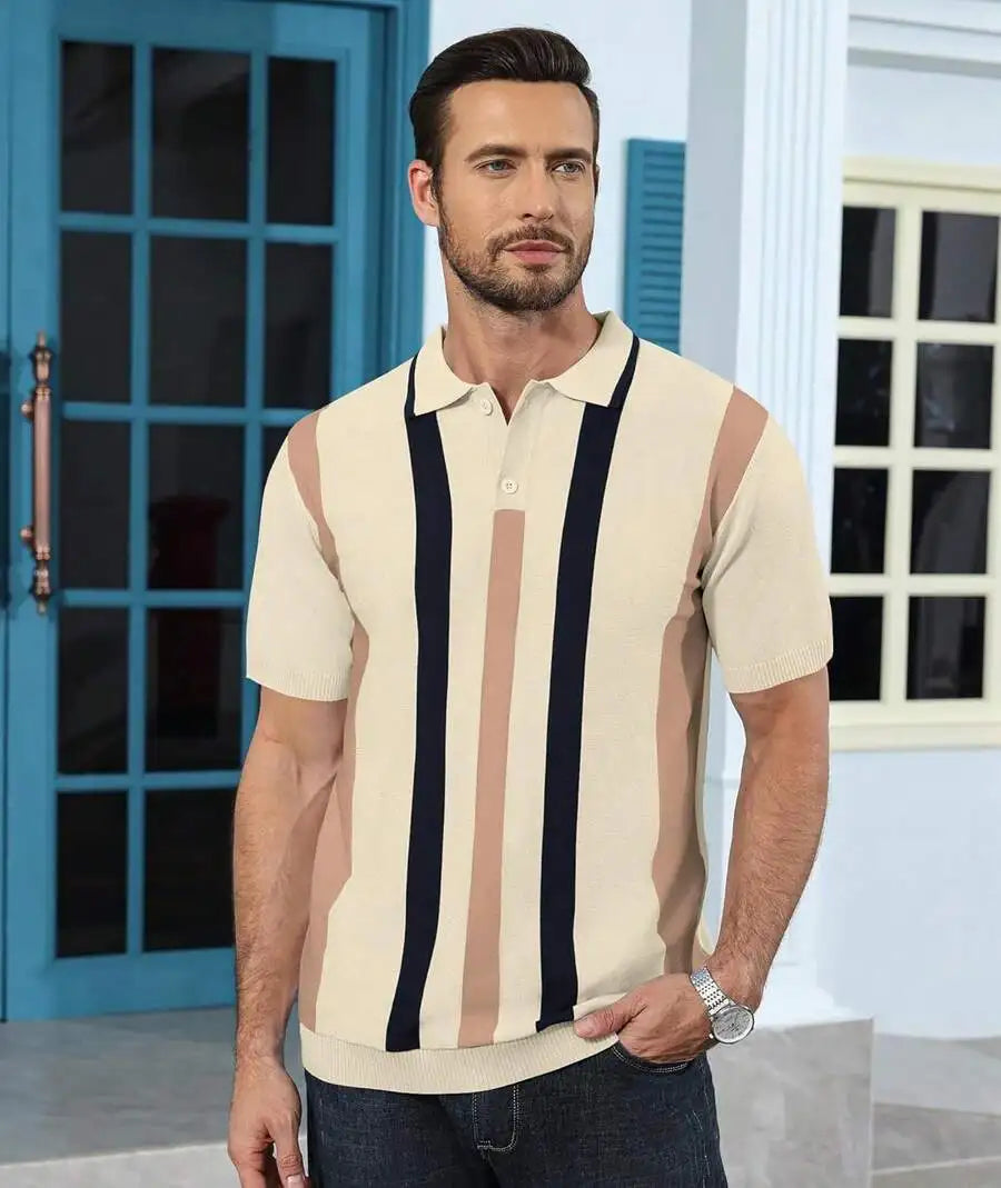 Mens Knitted Short Sleeve Vintage Golf  Top