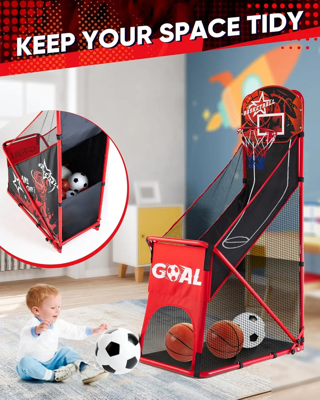 Foldable Basketball Hoop Set with Soccer Goal