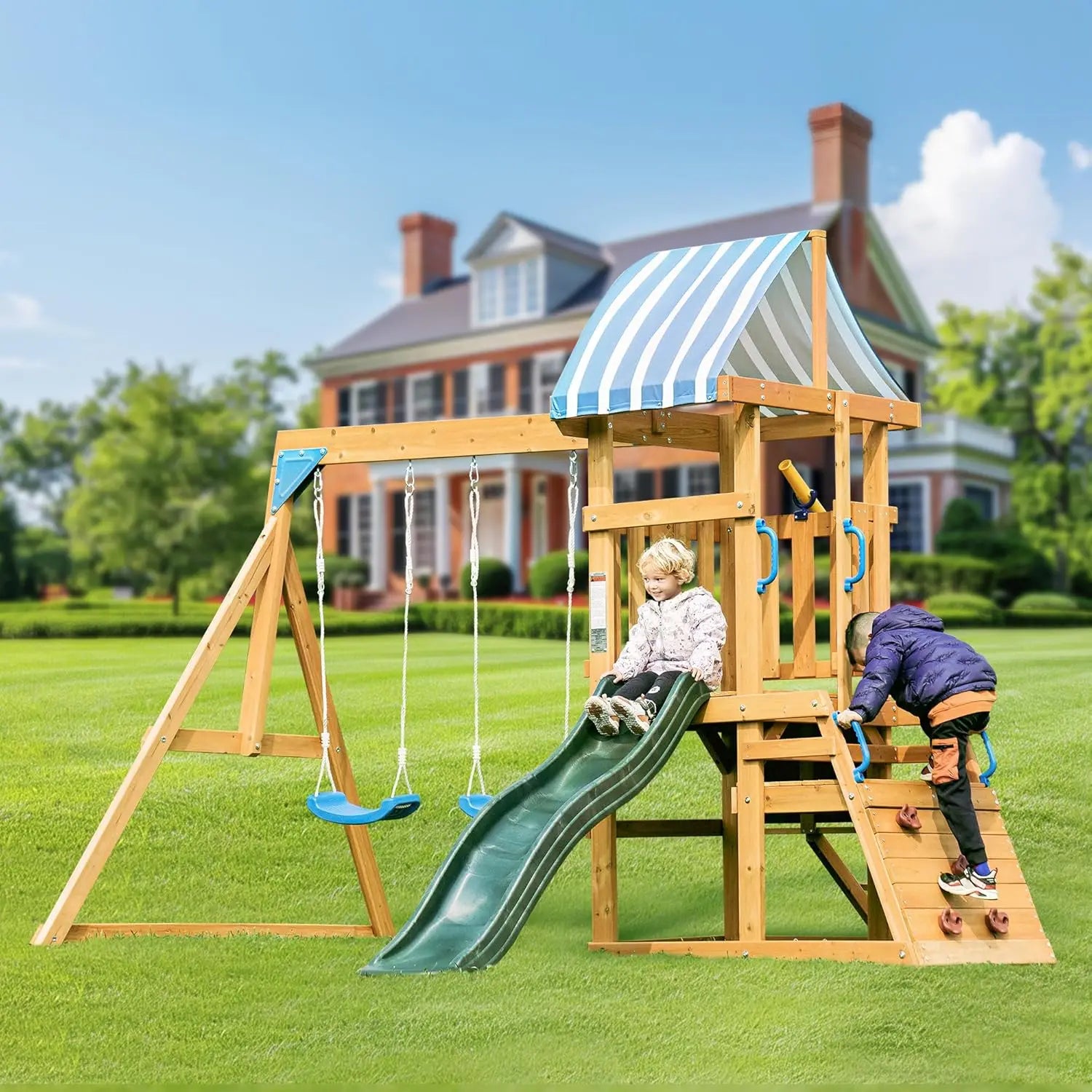 Wooden Swing Set with Dual Swings
