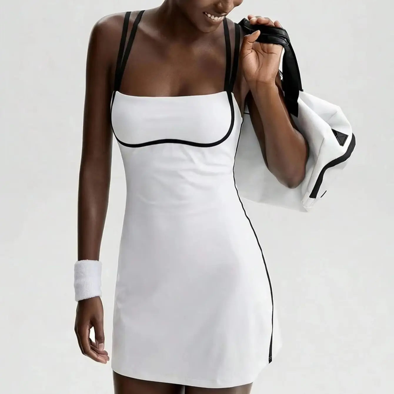 Women's Black Tennis Dress with White Trim