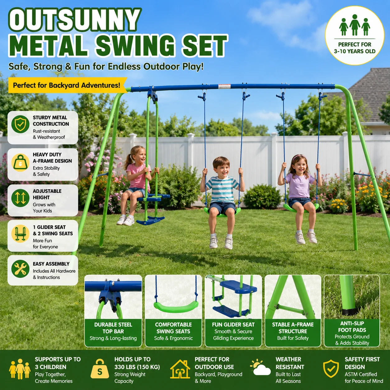 Outsunny Metal Swing Set with Glider,