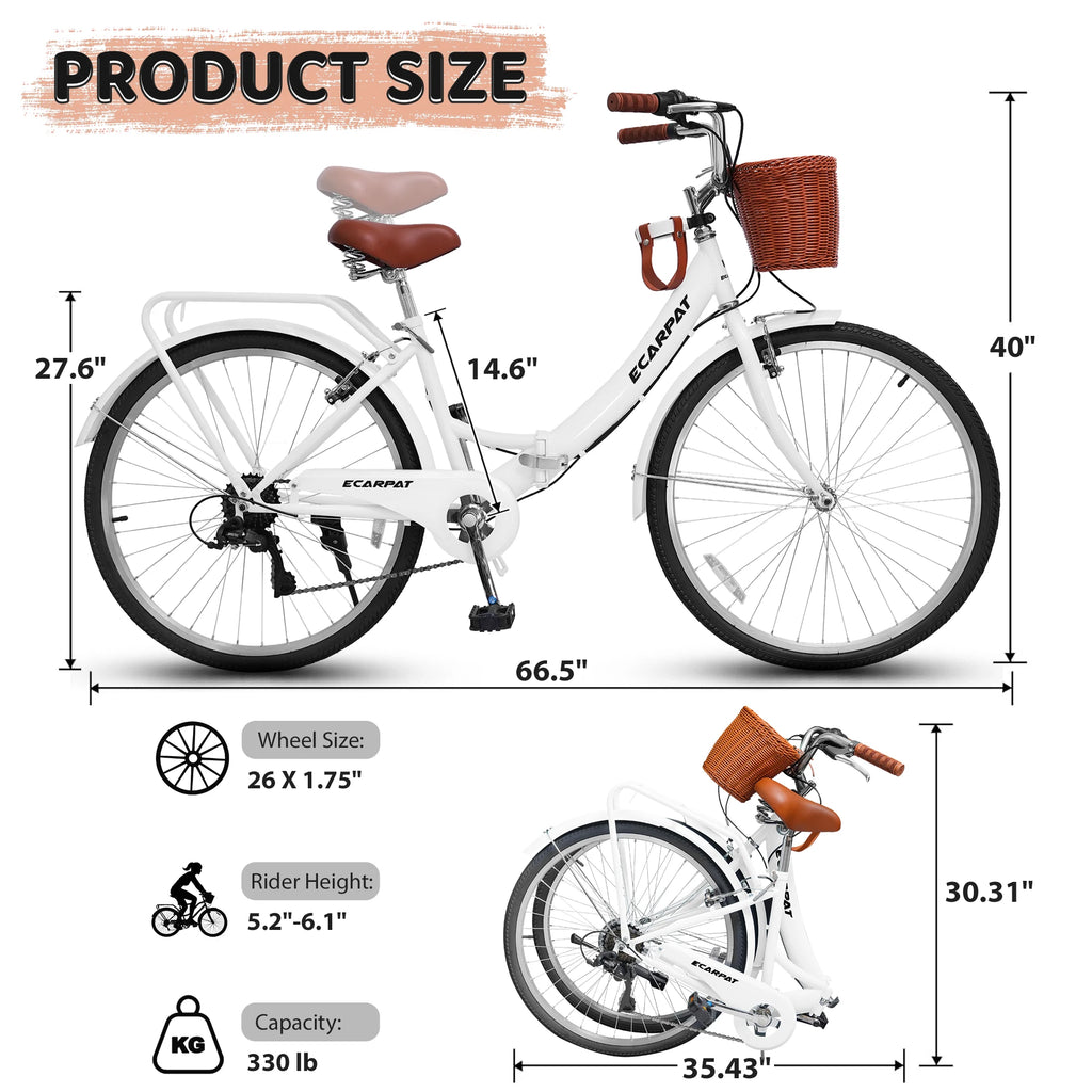 26 Inch Folding Beach Cruiser Bike for Women