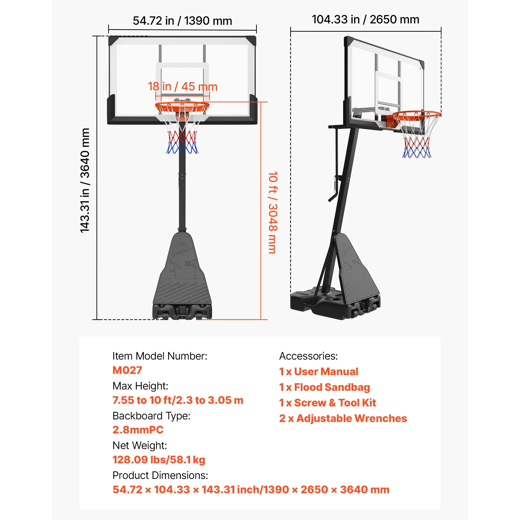 Portable Basketball Stand with Hoop & Backboard