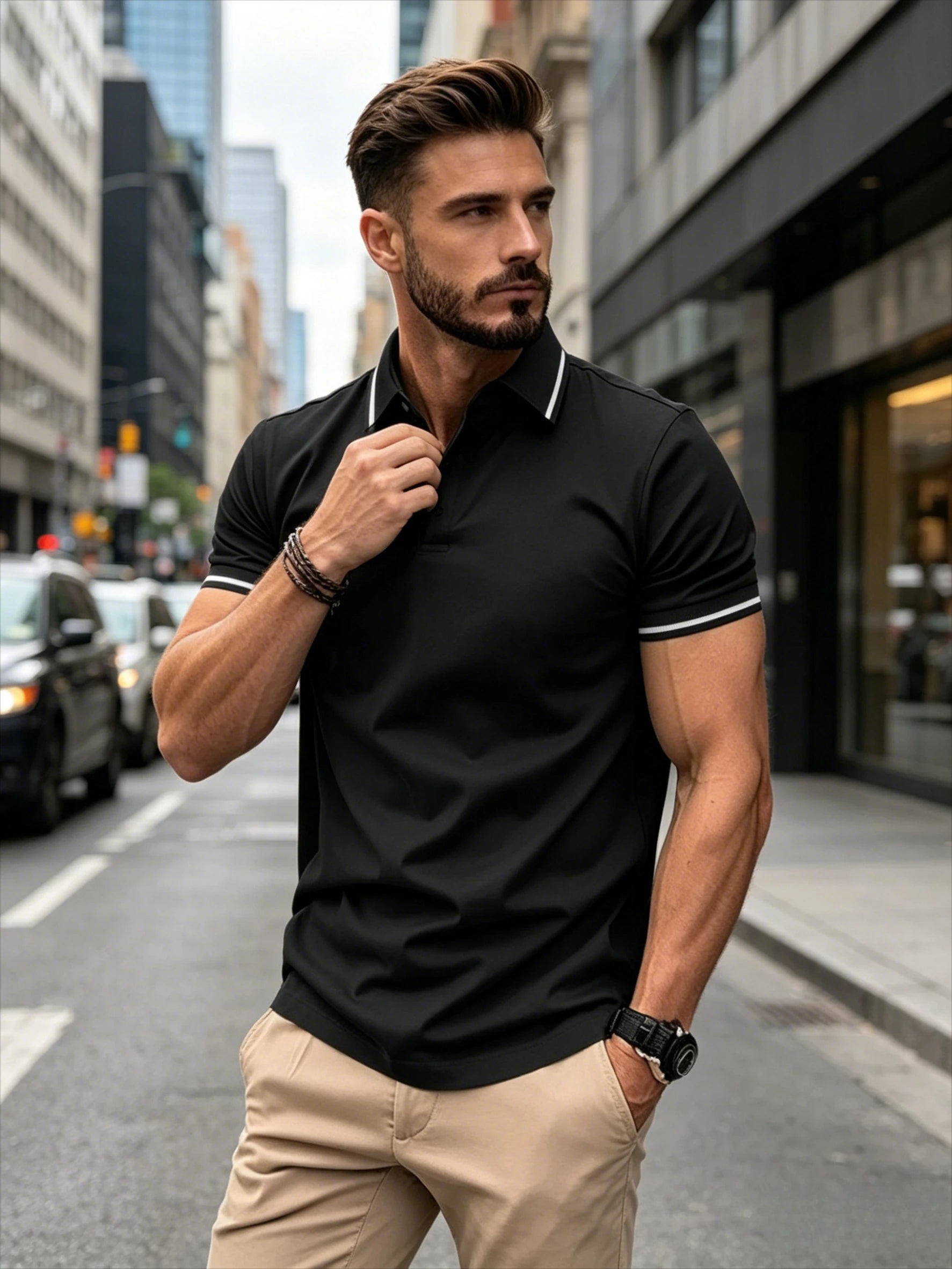 Unbuttoned Ribbed Collar Polo