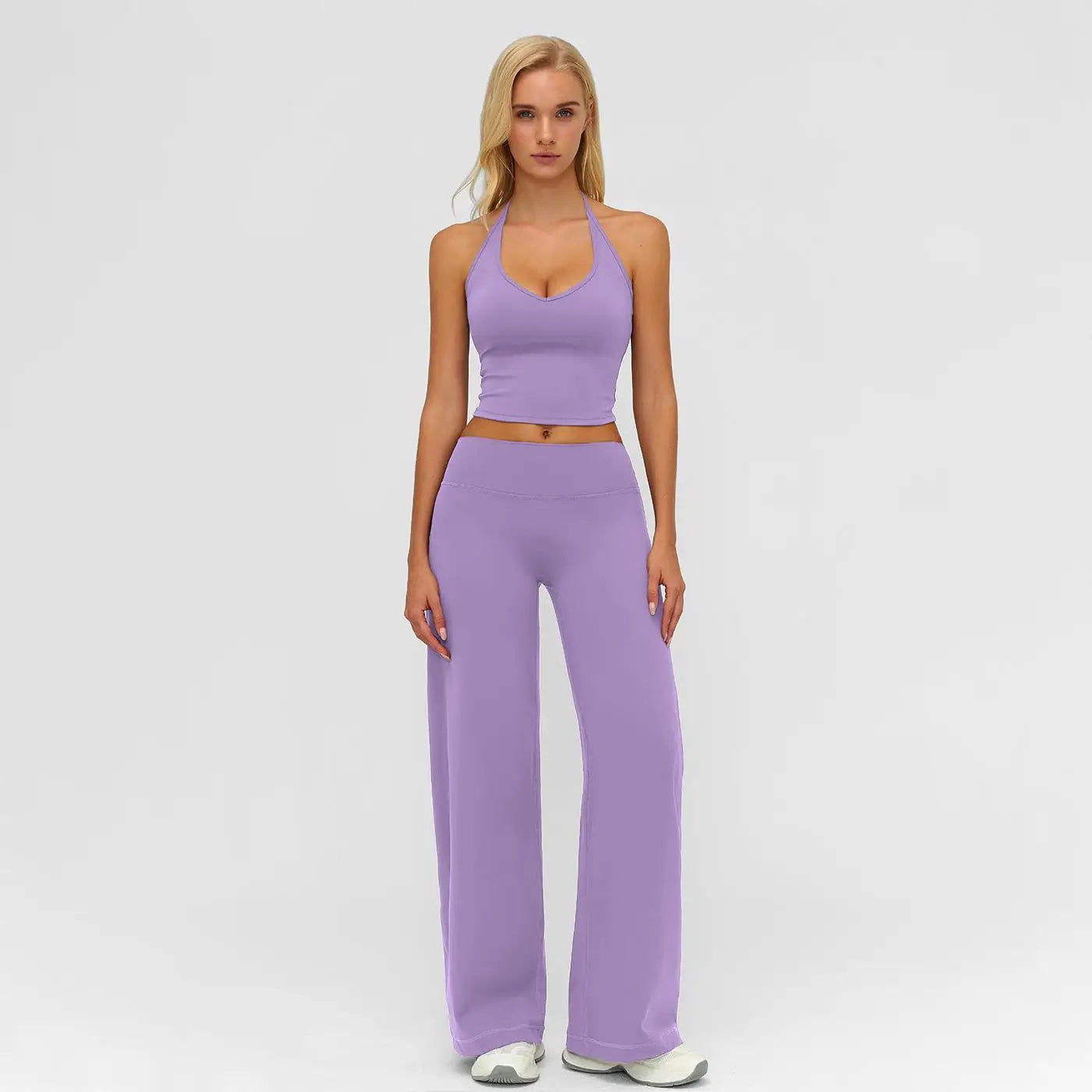 Two Piece Plain Crop Cami Top Flare Leg Pants