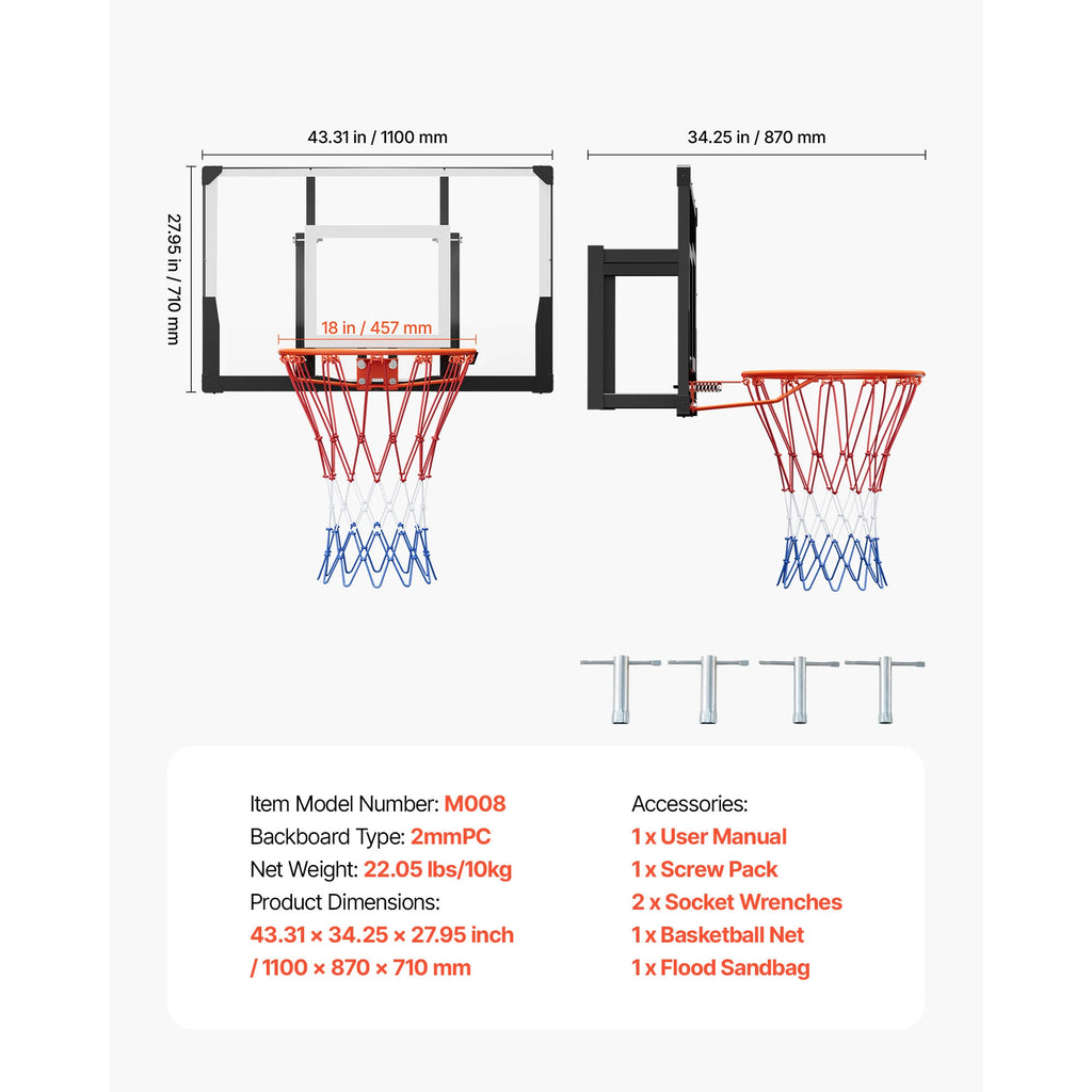 Wall Mount Basketball Hoop 44in PC Backboard