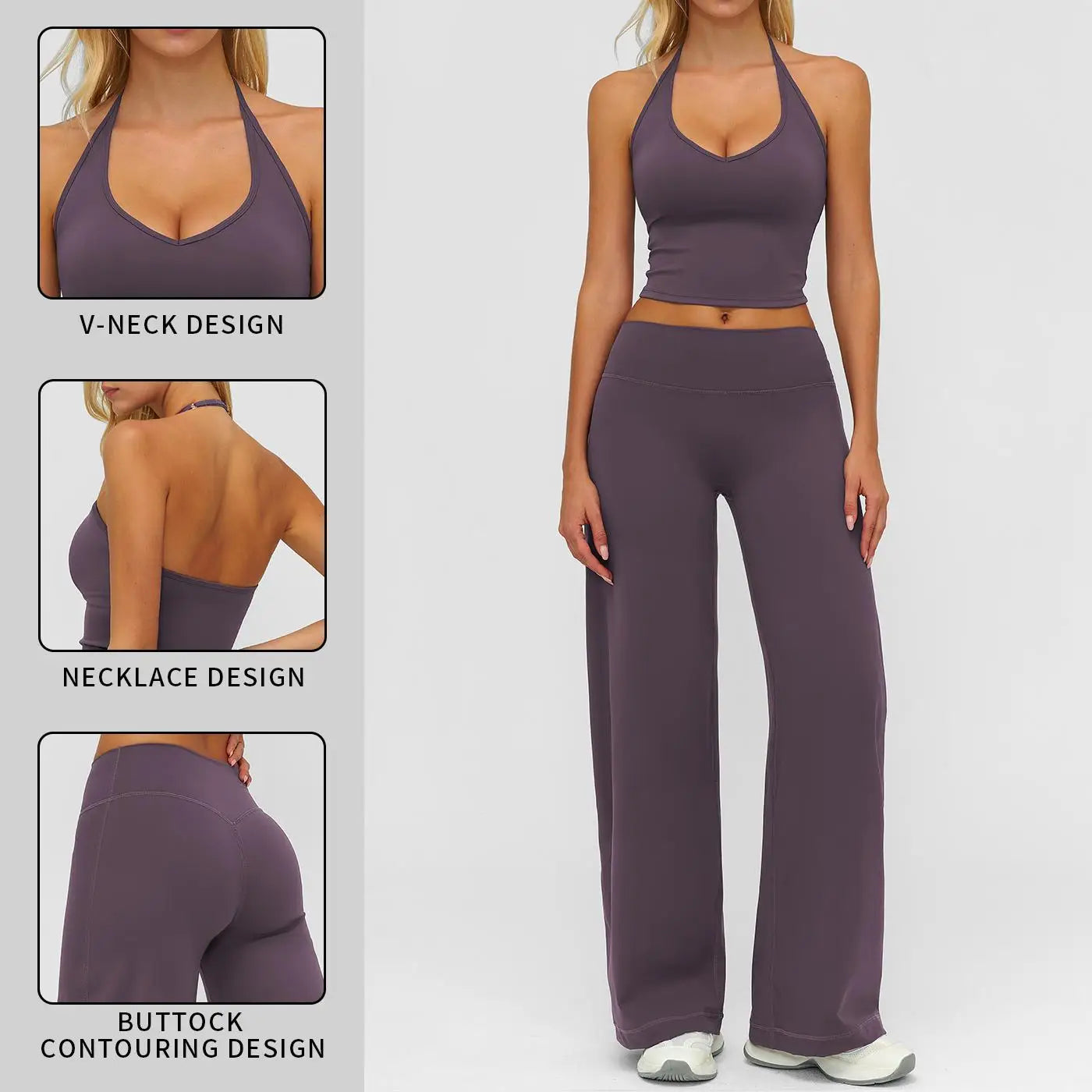 Two Piece Plain Crop Cami Top Flare Leg Pants