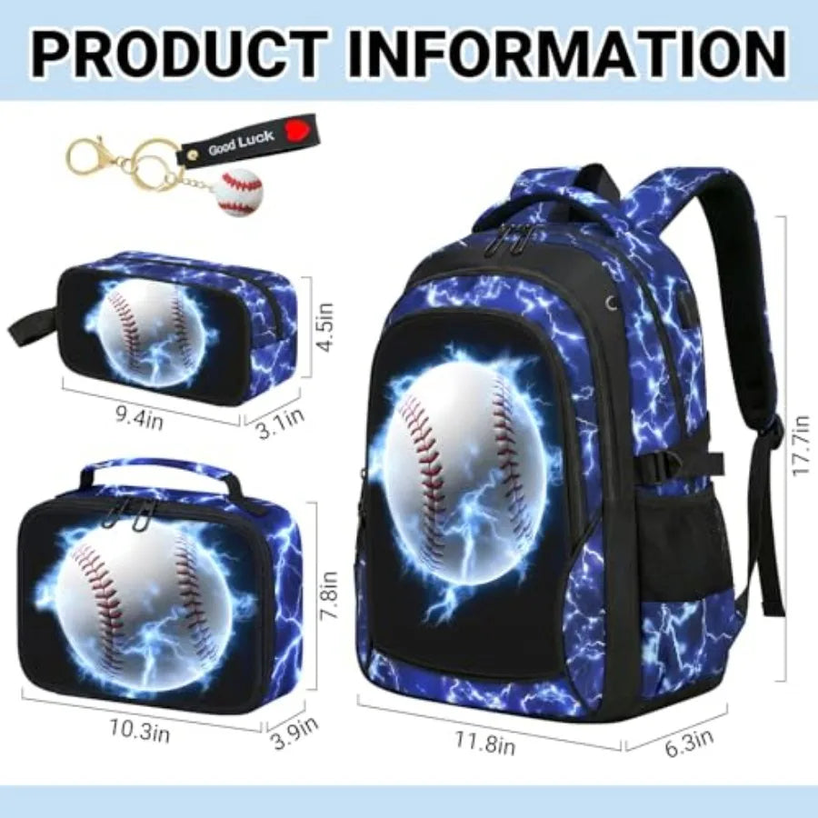 4pcs Baseball Boys Backpack with Lunch Box Set