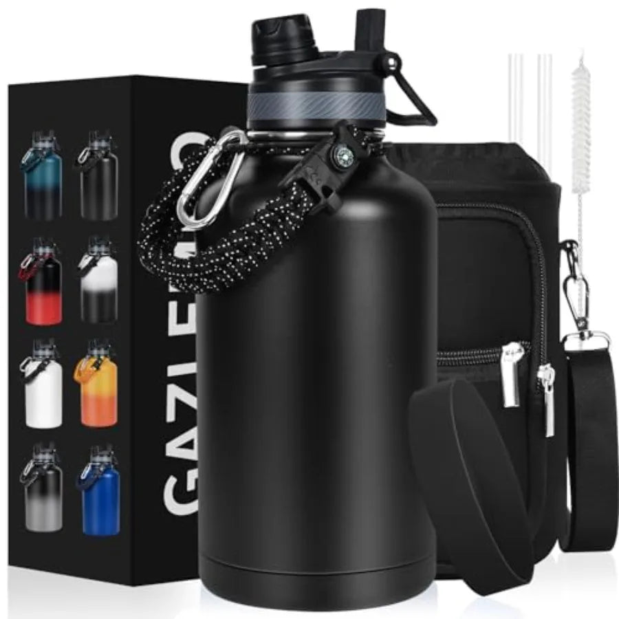 Insulated Water Bottle Half Gallon Water Jug Cold 48H BPA Free Stainless Steel Bottles with Straw/Chug 2-in-1 Lid Bag Paracord