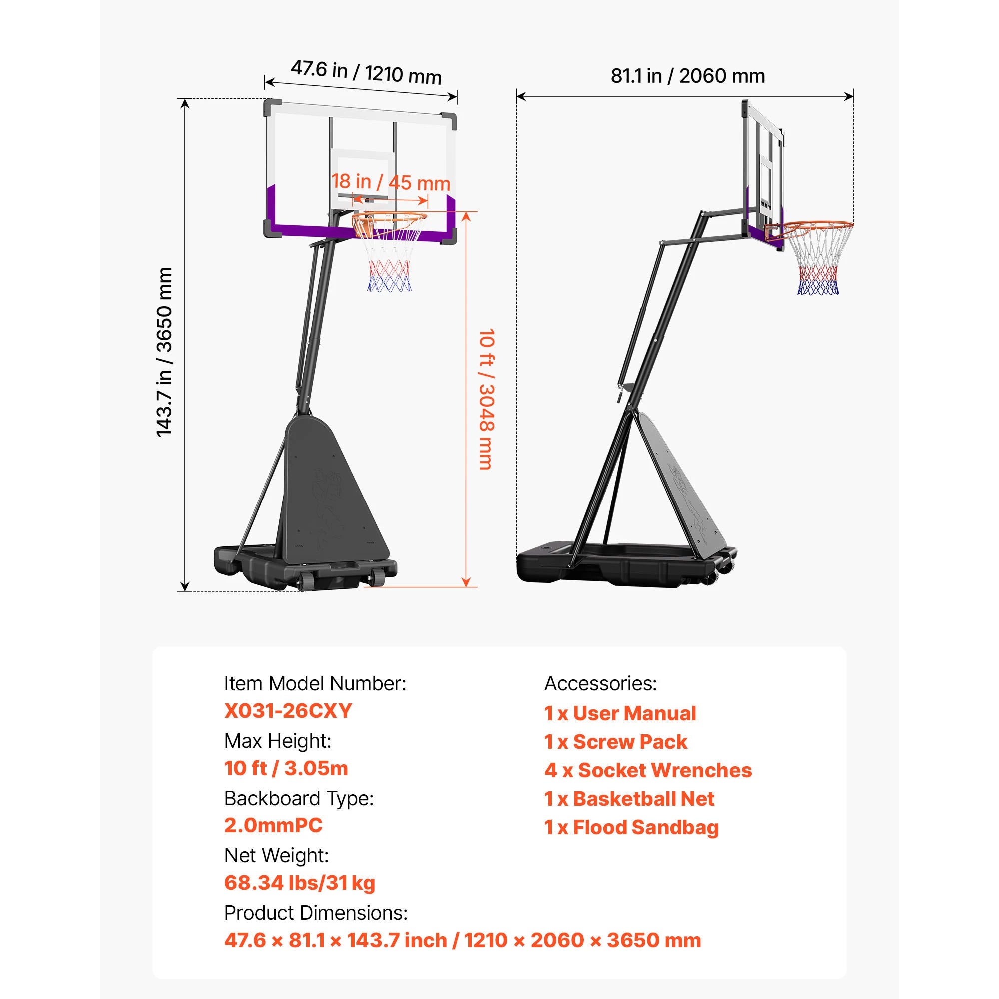 Portable Basketball Stand with Hoop & Backboard