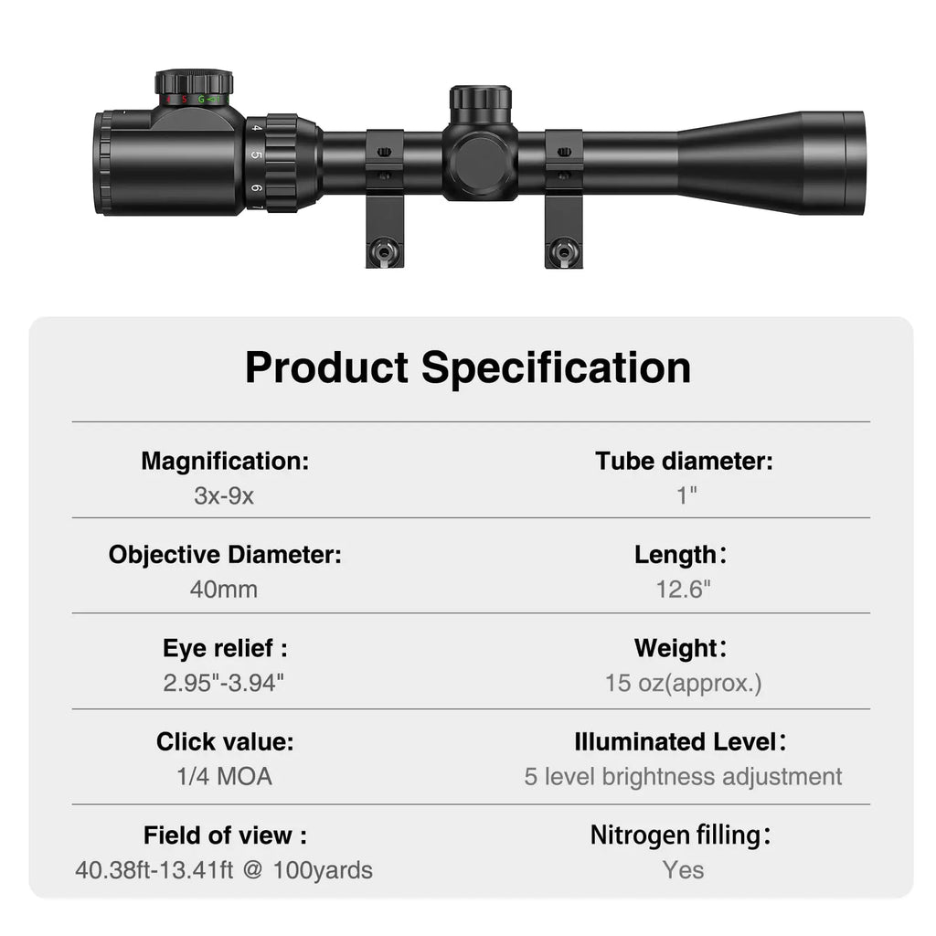 3-9x40 Rifle Scope, Red & Green Illuminated