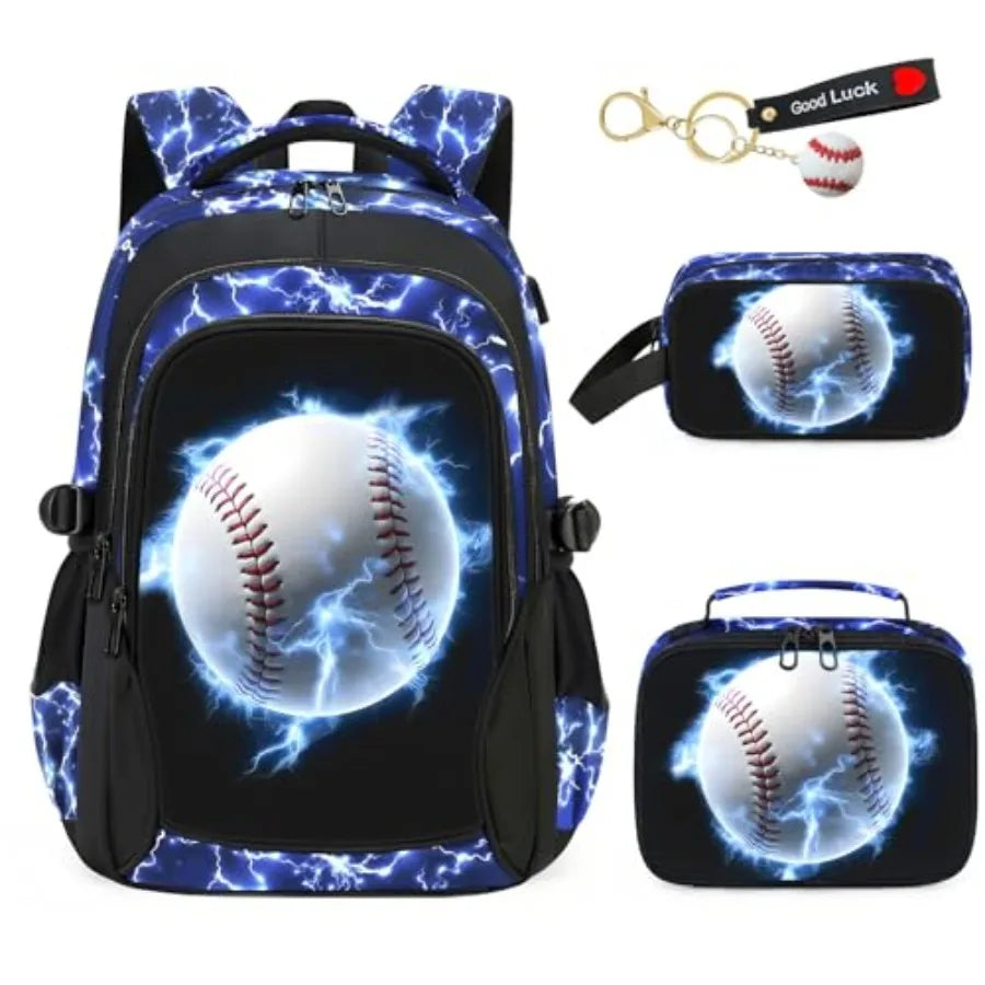4pcs Baseball Boys Backpack with Lunch Box Set
