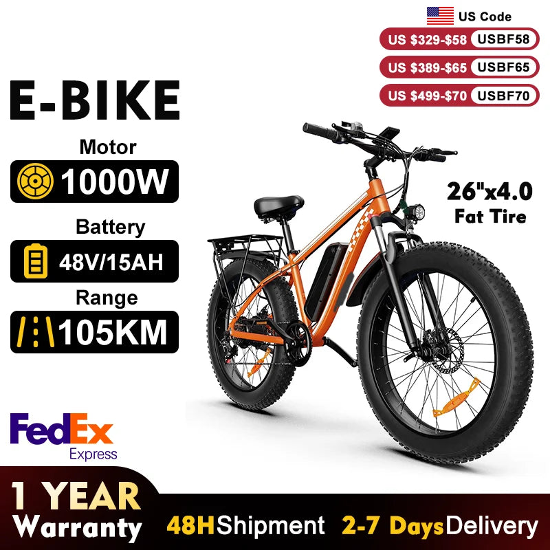 Orange Electric Bike for Adults 1000W