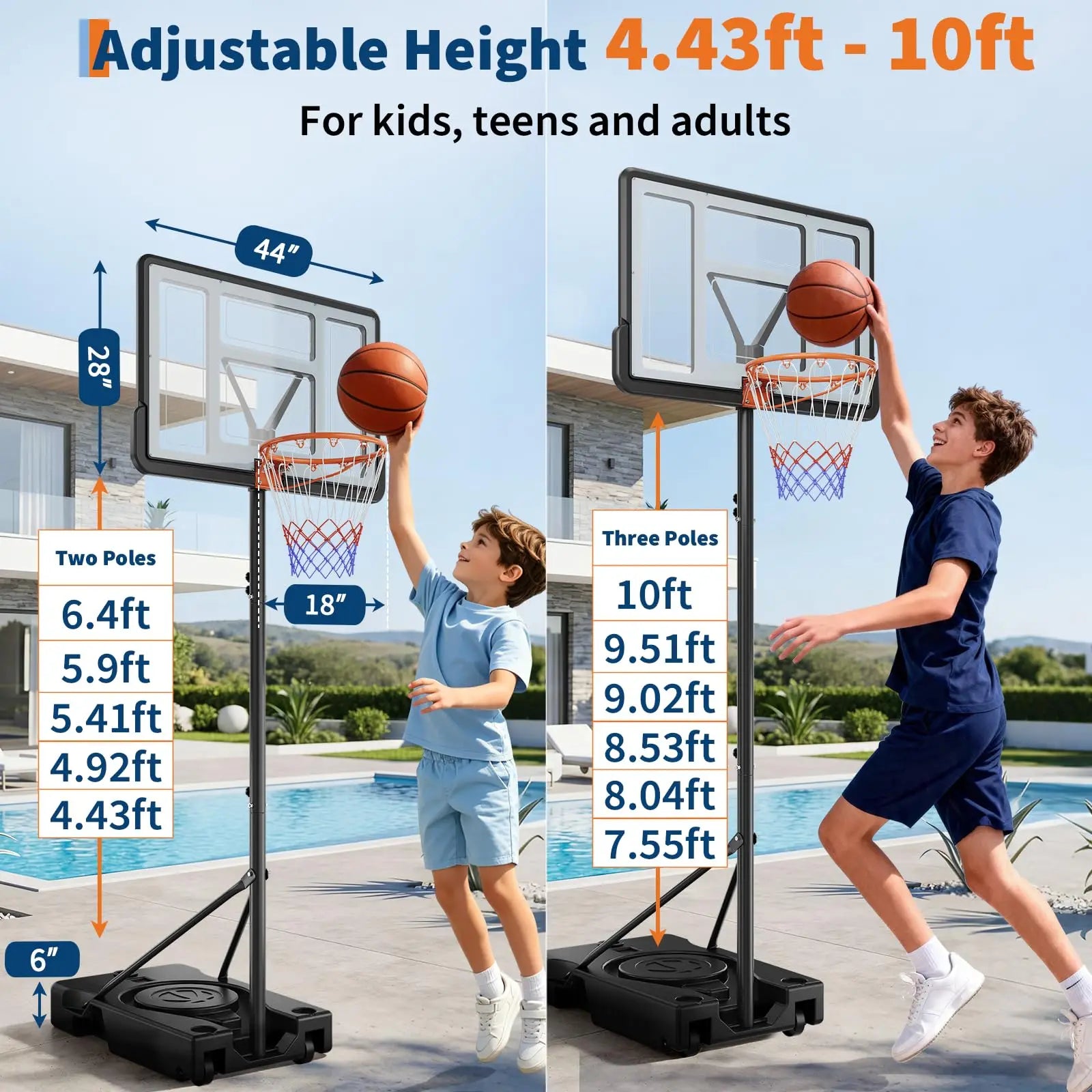 44 Inch Portable Basketball Hoop