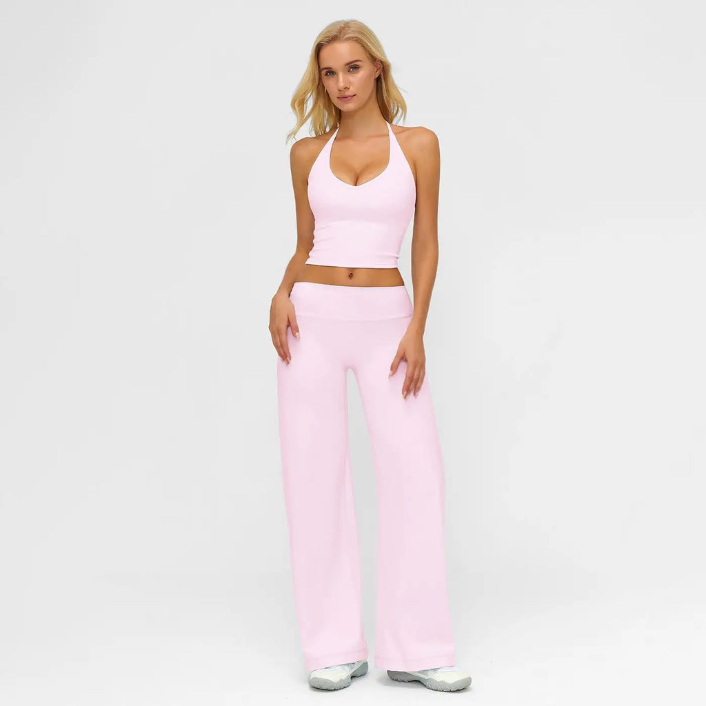 Two Piece Plain Crop Cami Top Flare Leg Pants