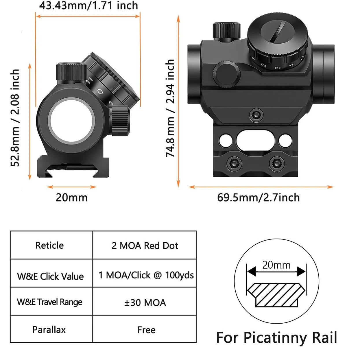 2MOA Red Dot Sight 1x25mm Reflex Sight