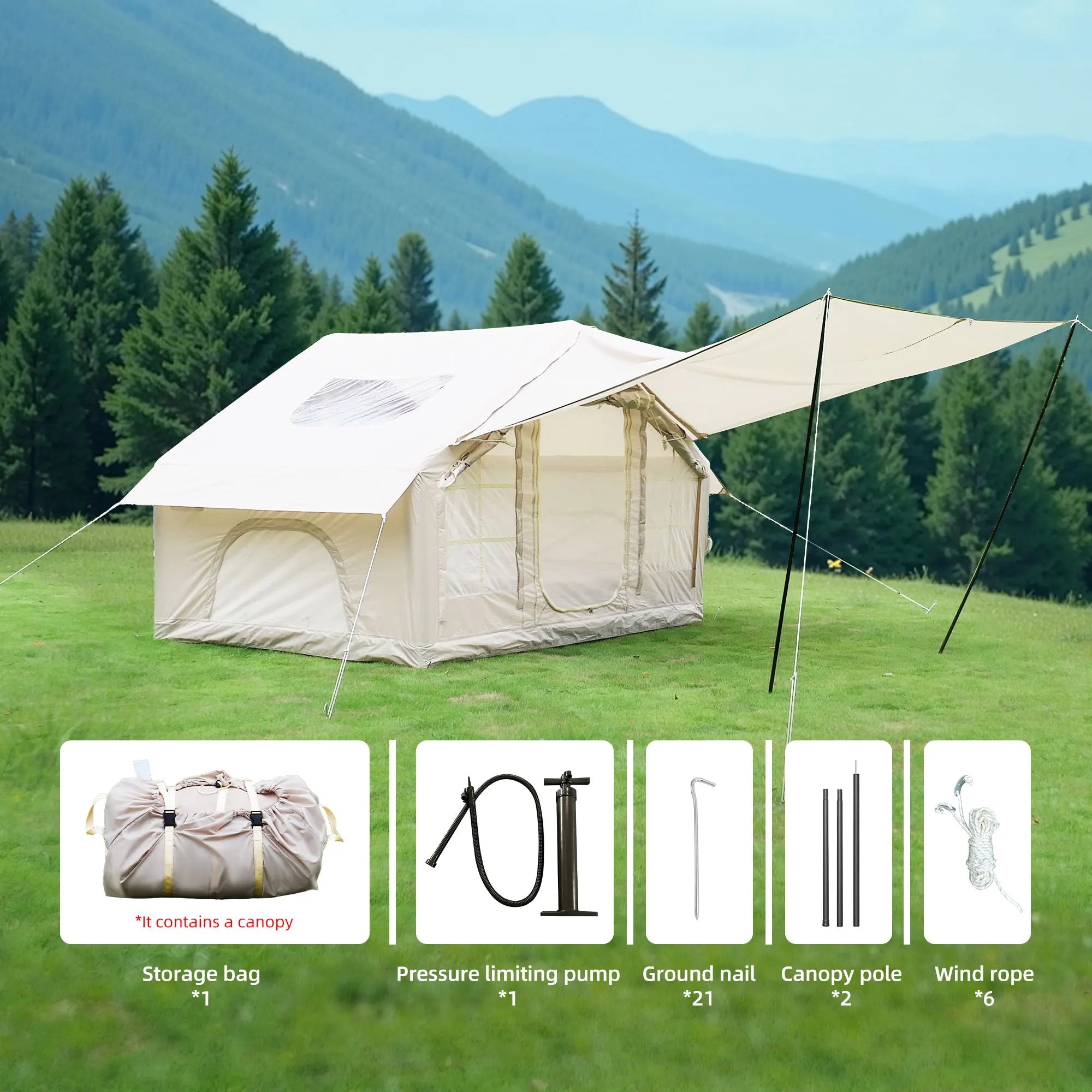 Instant Inflatable Tent for 4/6 Person Camping Quick Setup Family Tent with Integrated Ventilation All-Weather Waterproof Wind