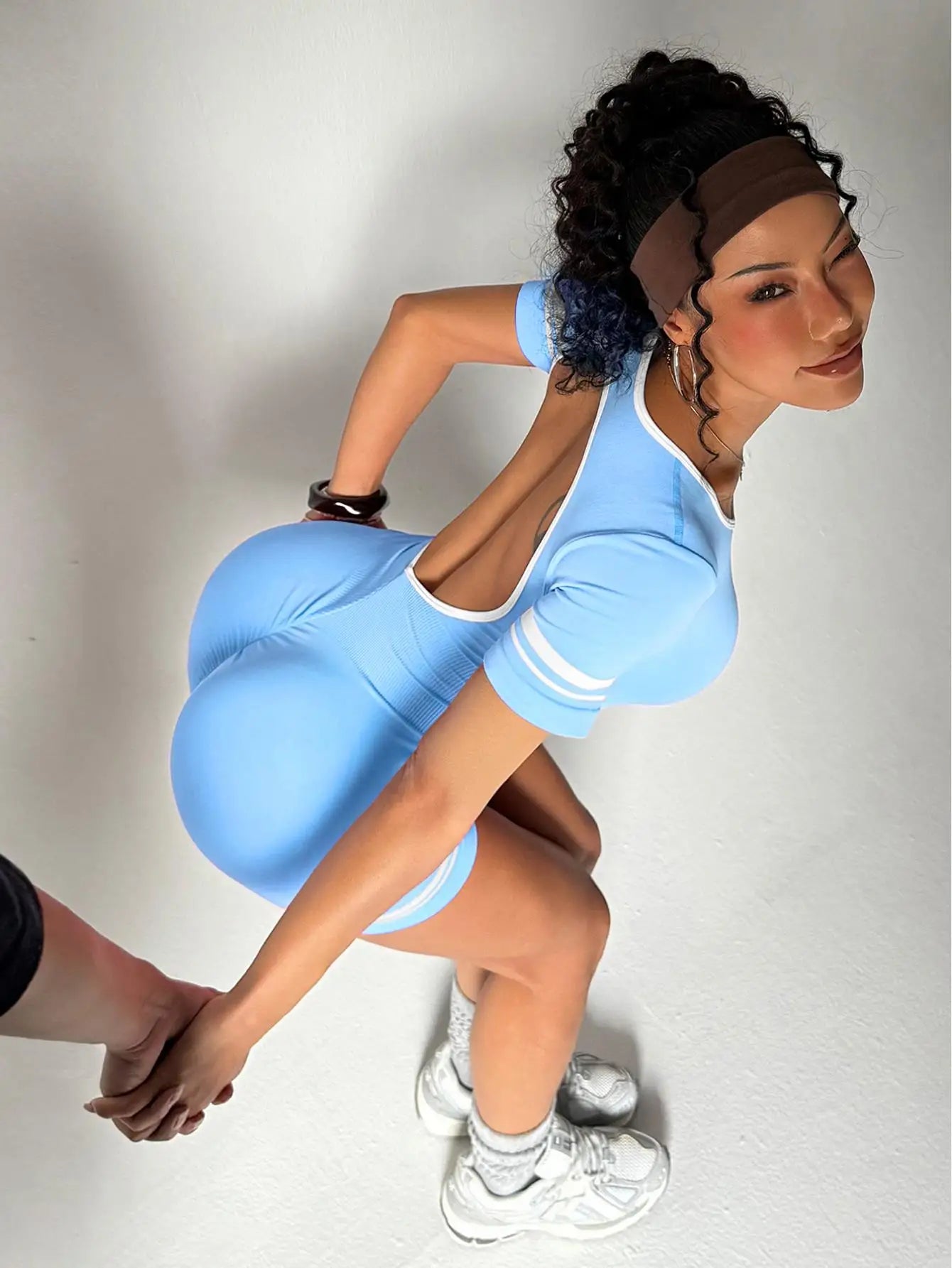 Seamless Backless  Short Sleeve Shorts Jumpsuit