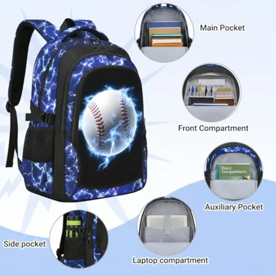 4pcs Baseball Boys Backpack with Lunch Box Set