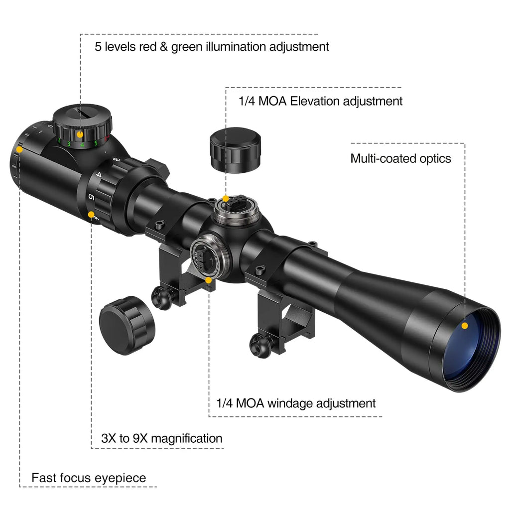 3-9x40 Rifle Scope, Red & Green Illuminated