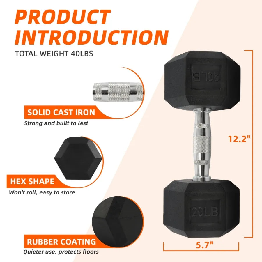 Rubber Encased Hex Dumbbell 10-50 lb